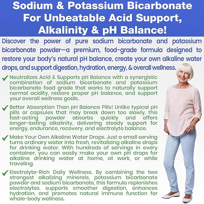 Sodium Bicarbonate Powder &amp Potassium Bicarbonate Powder pH Balance Supplement. Make Gallons of Alkaline Water Drops for Acid/Alkaline pH Balance Stomach Immune Performance. Alkaline Drinking Wat