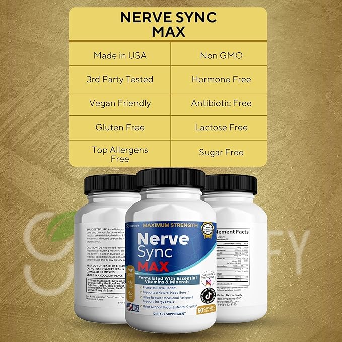 Nerve Sync MAX Supplement 60 Capsules Vegan Friendly with Essential Vitamins &amp Minerals for Nerve Health. (5)