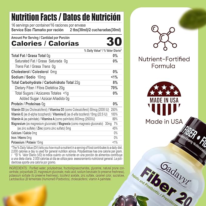 Fiber 20 - High Fiber Supplement for Women &amp Men 20g Liquid Soluble Fiber/Serving Prebiotic &amp Postbiotic Complex + Vitamins A D3 E &amp Magnesium Gut Health Digestive Health 16 fl oz