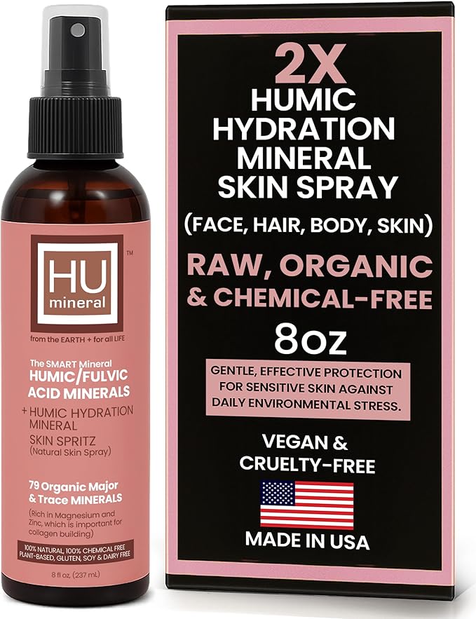 2X Humic Hydration Mineral Spray – Organic Humic Acid Fulvic Acid Spray with Major &amp Trace Minerals Electrolytes &amp Silica to Boost Collagen - Plant-Based for Skin Hair &amp Body Hydration