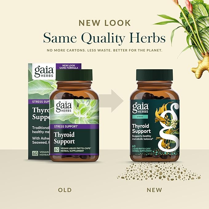 Gaia Herbs Thyroid Support - Made with Ashwagandha Kelp Brown Seaweed &amp Schisandra to Support Healthy Metabolic Balance &amp Overall Well-Being* - 60 Vegan Liquid Phyto-Caps (30 Servings)
