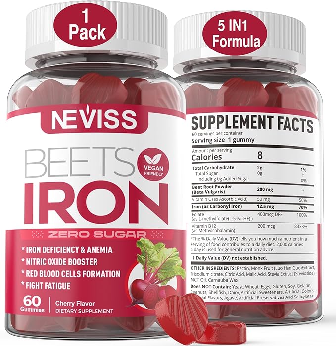 Beet Root Gummies with Iron Methyl B12 Folate Vitamin C - Increase Nitric Oxide &amp Iron Levels Energy Support Fight Fatigue Beetroot &amp Gentle Iron Supplement Sugar Free 60 Counts