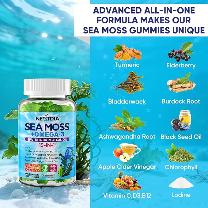 2 Pack Sea Moss Gummies for Men Women Vegan 15-IN-1 Irish Seamoss Superfood with/Bladderwrack &amp Burdock Root Turmeric Elderberry Vitamins B12 D3 EPA DHA Sugar-Free Support Energy Brain Im