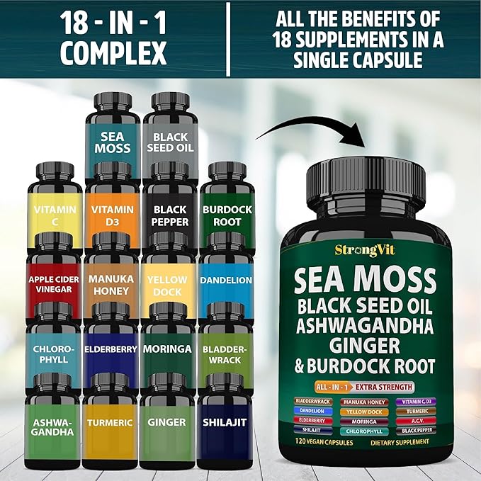 Sea Moss Black Seed Oil Ashwagandha Ginger Organic Sea Moss Capsules with Burdock Root Irish Seamoss Pills with Bladderwrack Turmeric Shilajit Multimineral Supplement USA (120 Capsules)