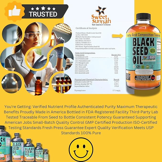 Premium Black Seed Oil Liquid 16 oz - Sugar Free 3 Month Supply Antioxidant Turkish Black Cumin Seed Oil - 3X Thymoquinone First Cold Press Vegan Halal Sweet Sunnah