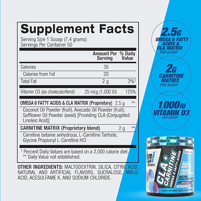 BPI Sports CLA + Carnitine – Conjugated Linoleic Acid – Weight Loss Formula – Metabolism Performance Lean Muscle – Caffeine Free – For Men &amp Women – Snow Cone – 50 servings – 12.34 oz.
