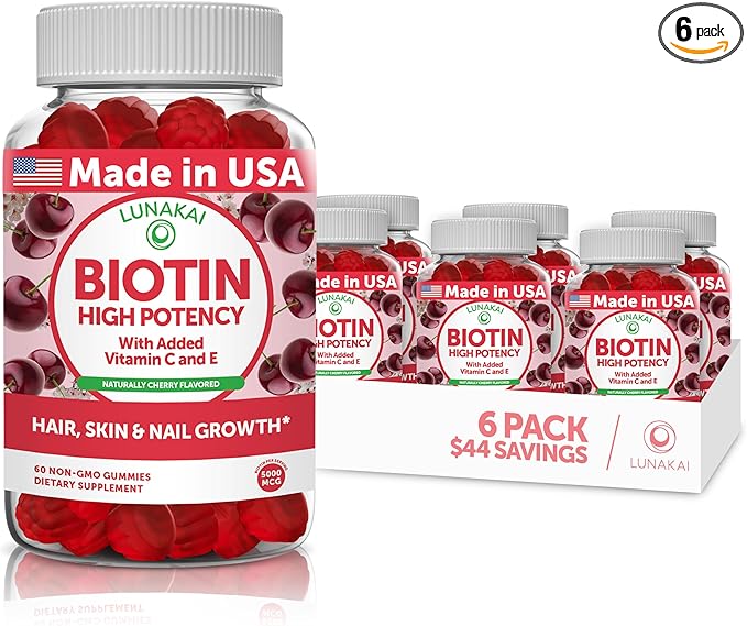 Lunakai USA Made Biotin Gummies 5000mcg with Vitamin C &amp E - Delicious Hair Skin Nails Vitamins for Women Non-GMO Hair Growth Supplement - 6 Pack