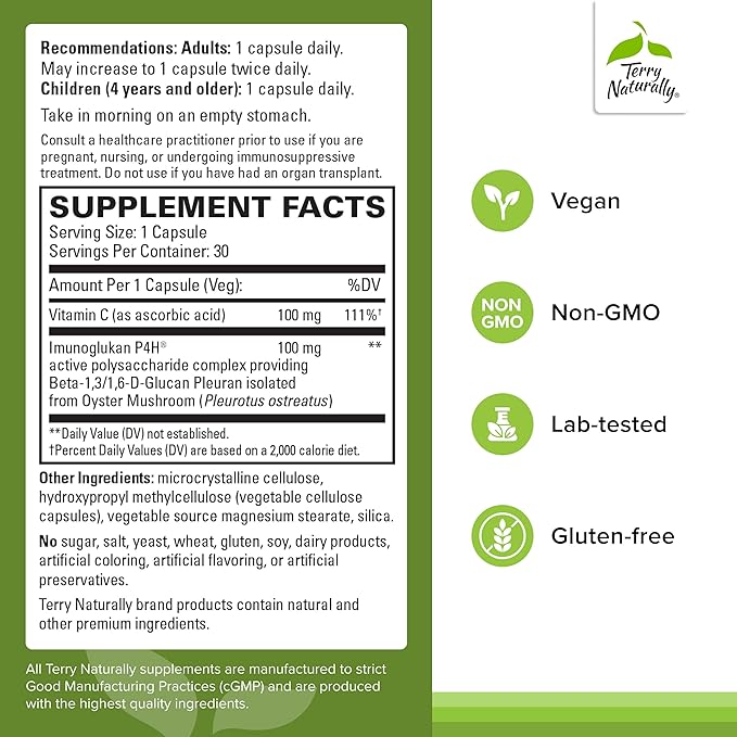 Terry Naturally PleuraMax - Upper Respiratory Health Supplement - Sourced from Oyster Mushrooms - Includes Vitamin C for Immune Support - Vegan &amp Non-GMO - 30 Capsules (30 Servings)