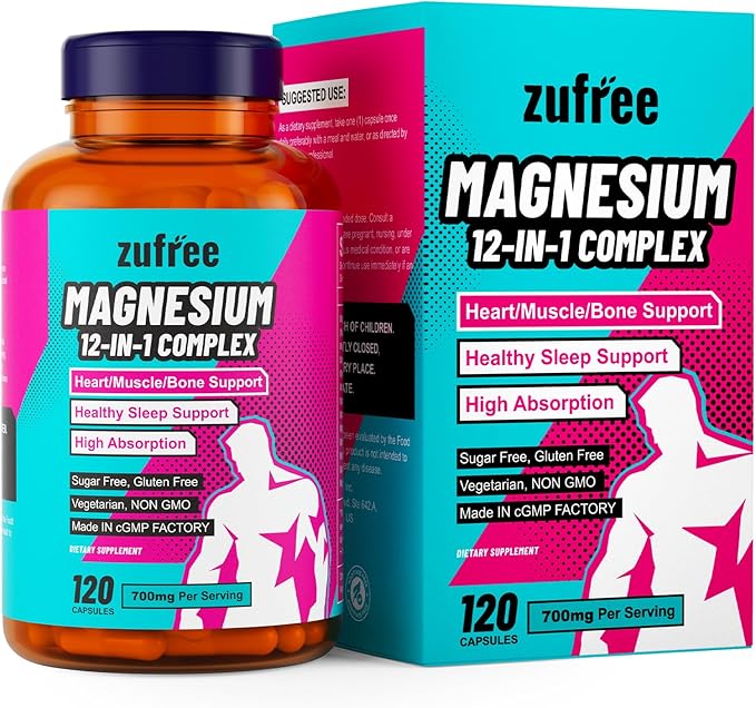 Magnesium Complex 12 in 1 Supplement 700mg Per Serving - 100% Chelated Purified Magnesium Glycinate - 120 Capsules - Support Sleep Heart Muscle Bone Health - High Absorption