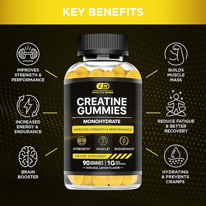 Effective Nutra Creatine Monohydrate Gummies - 1g Creatine per Gummy - Vegan Muscle &amp Strength Supplement for Men &amp Women - Supports Muscle Growth Energy Endurance - Lemon Flavor Made in US