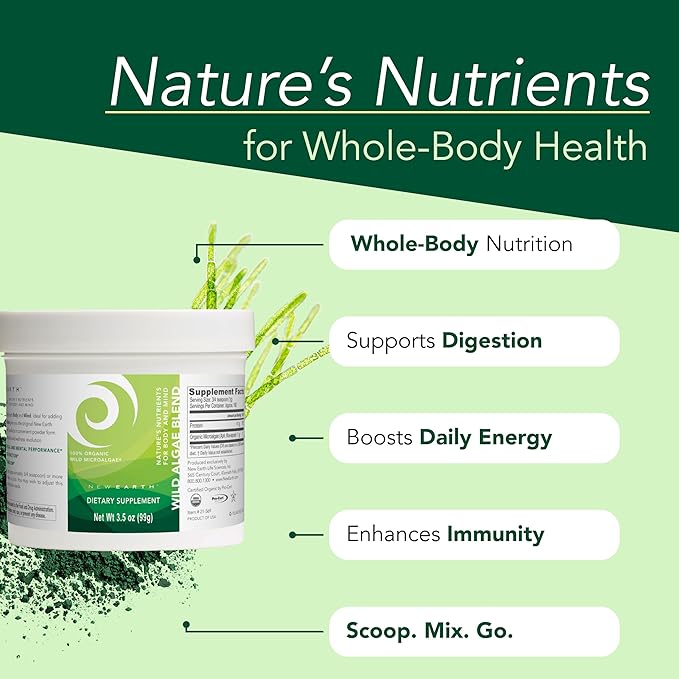 New Earth Wild Algae Blend Organic Superfood Powder | Pure Organic Wild Microalgae (AFA) | Supports Energy Digestion Nutrient Absorption &amp Immune Health | Vegan Non-GMO