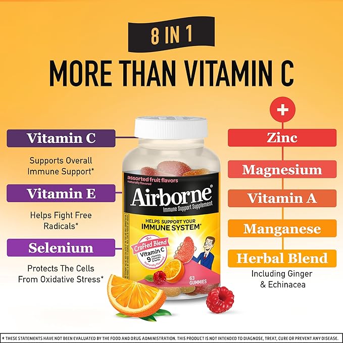 Airborne 750mg Vitamin C Gummies for Adults Immune Support Gummies with Powerful Antioxidants VIT C &amp E Caffeine Free - 2x63ct Bottle (42 Servings) Assorted Fruit Flavor