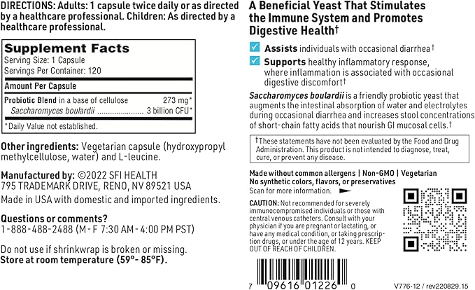 SFI Health Klaire Labs Saccharomyces Boulardii Probiotic - Acid Resistant &amp Shelf-Stable Supplement to Support Healthy Yeast Balance Immune &amp Digestive Health - Hypoallergenic Dairy-Free (12