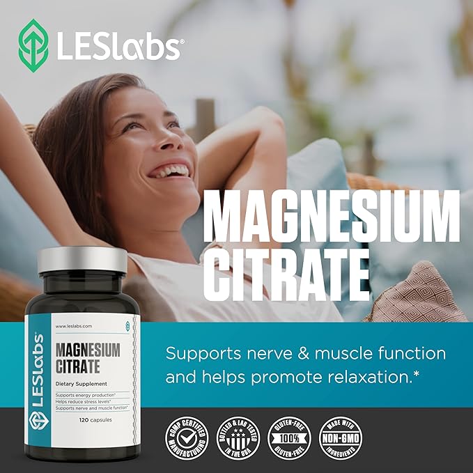 LES Labs Magnesium Citrate – Stress Relief Restful Sleep Heart Health Metabolism Nerve &amp Muscle Function – Non-GMO Supplement – 120 Capsules (Pack of 2)