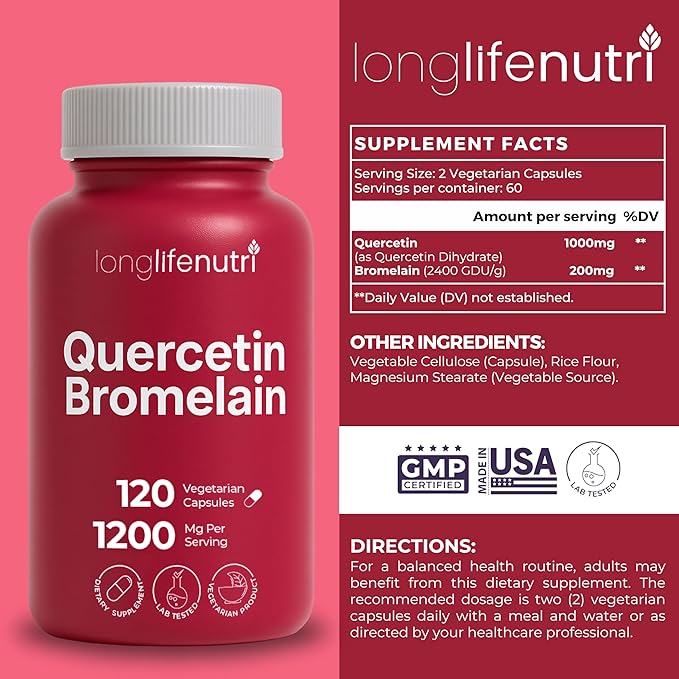 LongLifeNutri Pterostilbene 150 mg (180 Vegan Caps) &amp Quercetin 1000 mg with Bromelain 200 mg (120 Veg Caps) Bundle – 2–3 Month Supply Antioxidant &amp Respiratory Support Non-GMO GMP Made in