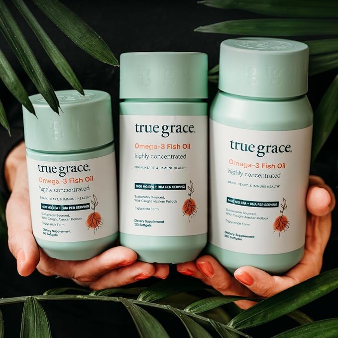 True Grace Omega-3 Fish Oil - 120 Softgels - 1400 mg EPA + DHA - Brain Heart Joint &amp Immune Health - Organic Gluten Free Soy Free