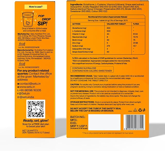 SETU Glutathione Effervescent Tablets with 500mg L-Glutathione &amp Vitamin C | Sugar-Free Antioxidant Supplement | Orange (Pack of 6)
