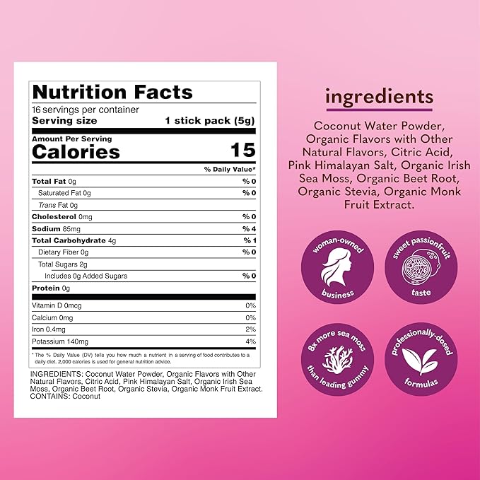 Organic Irish Sea Moss Powder 200mg Packets for Gut Health and Immune Support - Passionfruit Flavored Seamoss Drink with Coconut Water for Hydration Muscle Recovery - 16 Stick Packs