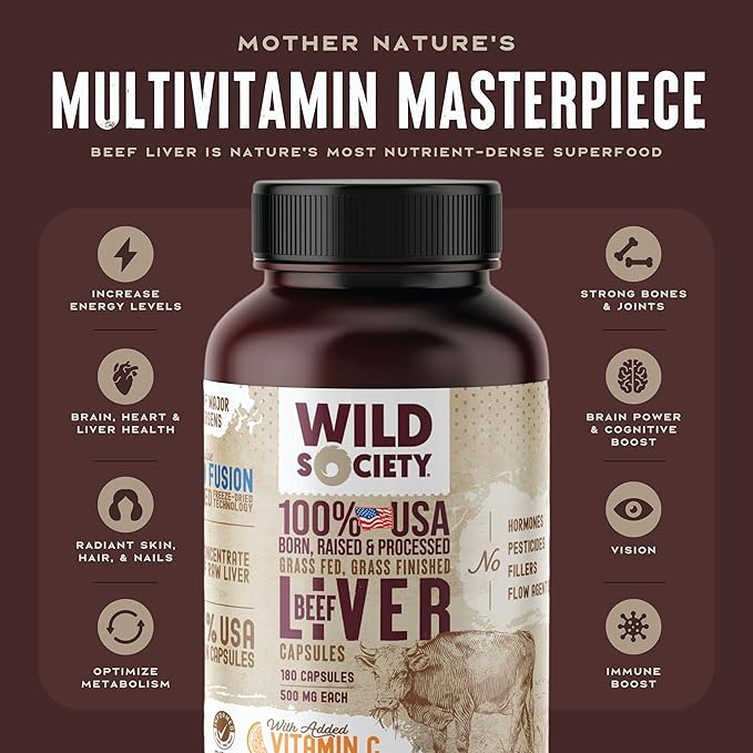 WILD SOCIETY - USA Grass Fed Beef Liver Capsules - 3000mg Max Strength for Energy Stamina Natural Detox Hair &amp Nail - Non GMO Allergen Free Beef Liver Supplement - 180 Desiccated Capsules