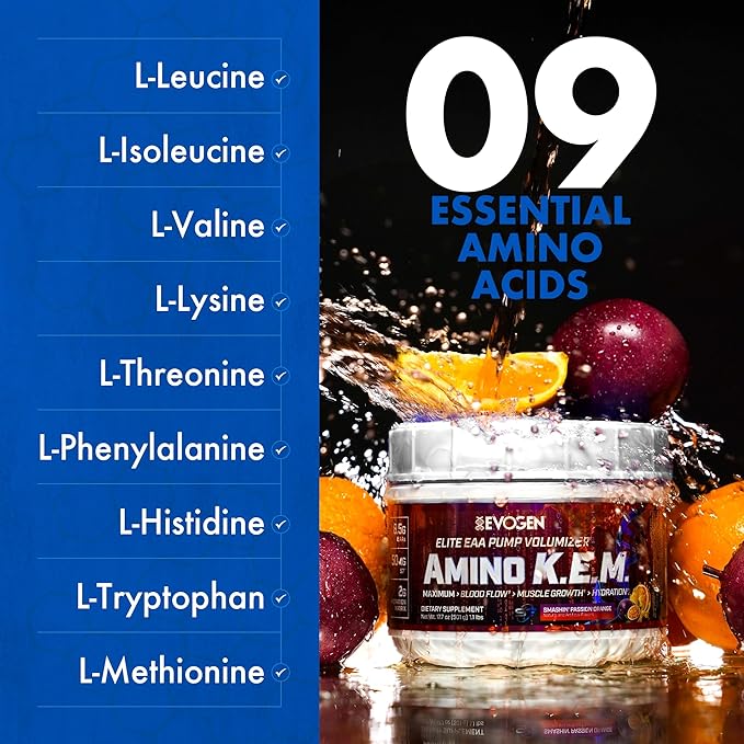 Evogen Amino KEM - Elite EAA Pump Volumizer | Supports Blood Flow Muscle Growth Hydration | Full Spectrum EAAs &amp BCAAs S7 Nitric Oxide Blend | Smashin' Passion Orange | 30 Servings