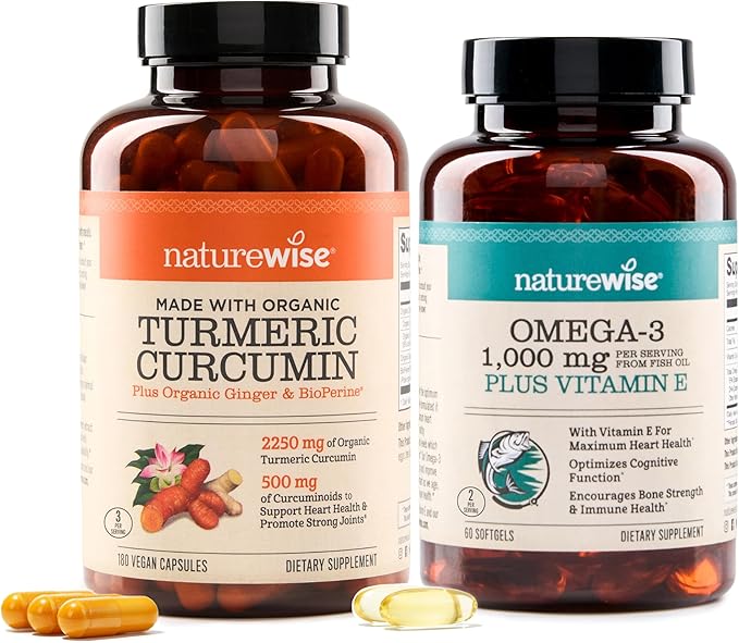 NatureWise Curcumin Turmeric 2250mg w/Black Pepper 95% Curcuminoids Capsules 180 Count + Omega 3 Fish Oil 1000mg 60 Count - Bundle for Immune &amp Heart Health Support - Gluten Free Non-GMO