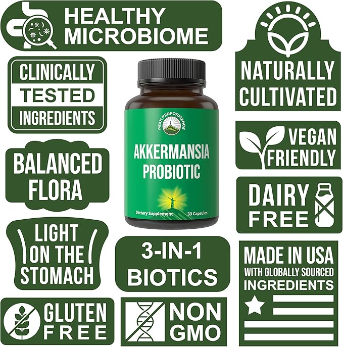 Peak Performance Akkermansia Probiotic to Increase GLP-1 Production - Ultra High Strength Akkermansia Muciniphila Live Strain with Prebiotic Fiber for Gut Health - Delayed Release 3rd Party Tested