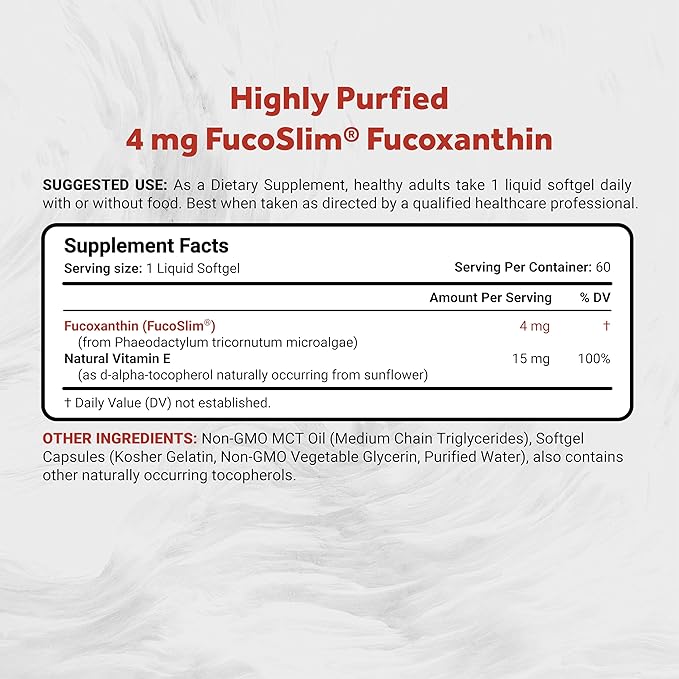 Naturalis New Zealand Fucoxanthin (4mg) | Made with FucoSlim® | Non-GMO Soy &amp Gluten Free | 60 Softgels (2 Month Supply)