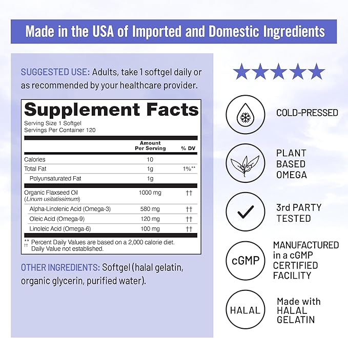 NatureWise [1] Flaxseed Oil 1000mg - Organic Cold Pressed - 120 Softgels[120-Day Supply] + (Pack of 2) Vegan Vitamin D3 5000iu + Organic Olive Oil - 60 Mini Softgels[60-Day Supply]