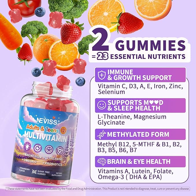 Teen Vitamins Methylated Multivitamin Gummies for Boys Girls 12-17 w/ Magnesium Glycinate Omega-3 L-Theanine for Teens Kids Calm &amp Focus Gummies Supplement 23-IN-1 Formula Sugar Free 120 ct