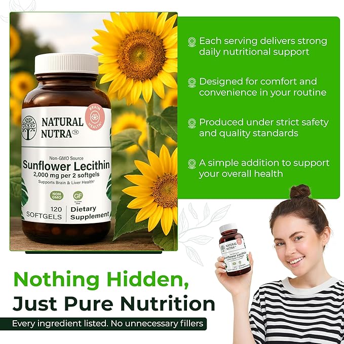 Natural Nutra Sunflower Lecithin 2000 mg Supplement Supports Breastfeeding Moms with Plugged Milk Duct Relief Liver &amp Brain Health Booster Soy Free Non-GMO Gluten-Free 120 Softgel