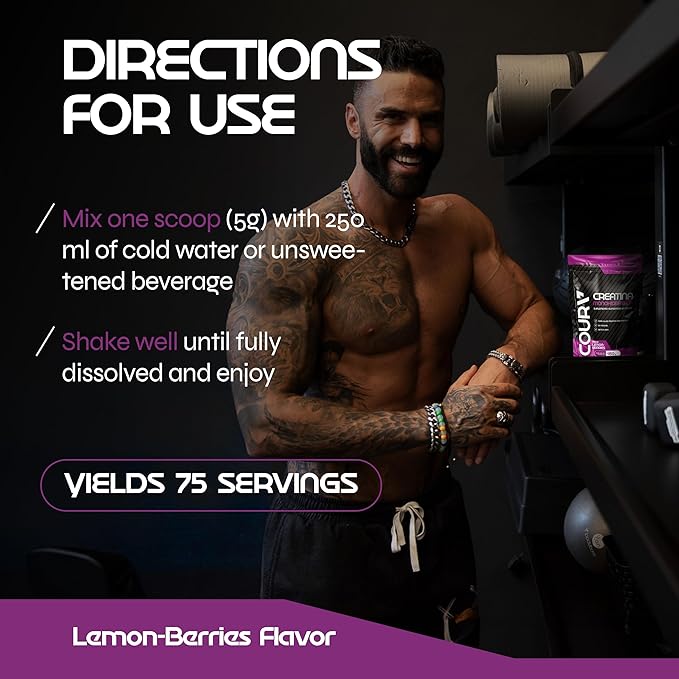 COURA Creatine Monohydrate Lemon-Berries Flavor - Sports Supplement - Strength and Endurance - Ideal for Intense Workouts - Gluten Free - Bottle Free - 450g