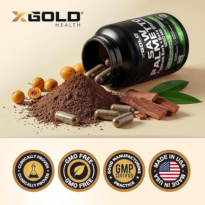 X Gold Health Saw Palmetto Prostate Supplement for Men | Pygeum Bark | Beta Sitosterol Supplement | Potent 3X Formula | Urinary Function Prostate | DHT Blocker Hair Growth| 4 Month Supply Made in USA