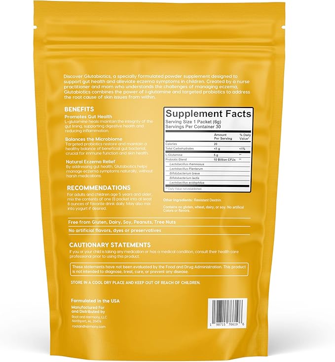 Root &amp Harmony Glutabiotics Kids Probiotic &amp L-Glutamine Powder Daily Children's Gut Health Skin &amp Immune Support Supplement Unflavored Dairy Free Gluten Free 10 Billion CFU Powder