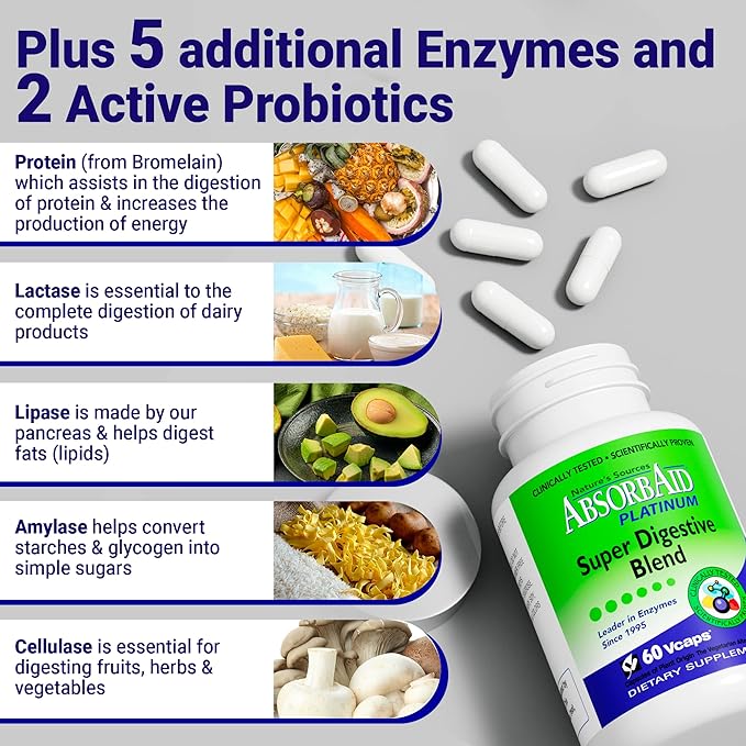 AbsorbAid Platinum Digestive Enzyme Support 60 vCaps 12 Digestive Enzymes PLUS 2 Probiotics for Maximum Relief