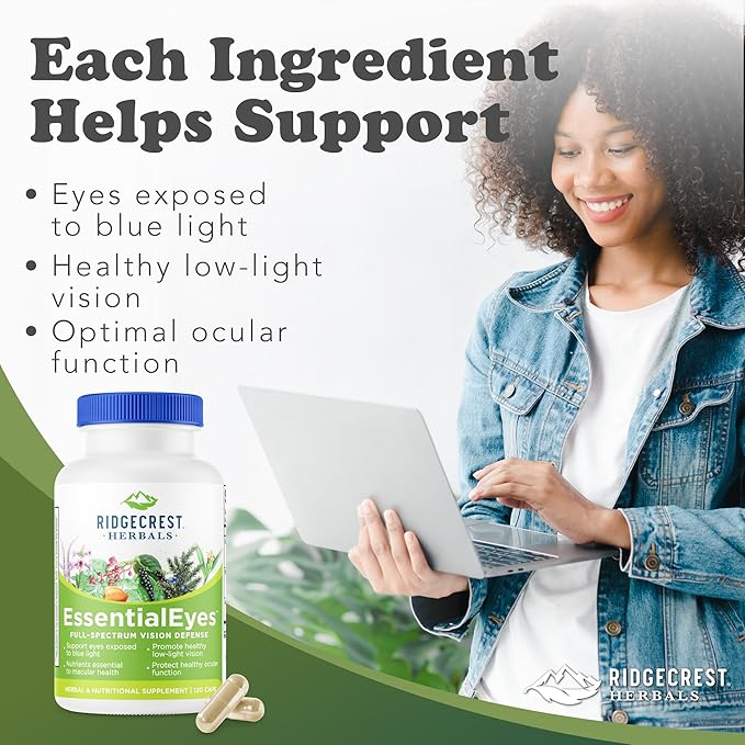 Ridgecrest Herbals EssentialEyes Natural Eye Vitamin Supplements Contains Lutein Zeaxanthin Bilberry Extract Supports Eye and Vision Health (120 Vegan Caps 30 Serv)