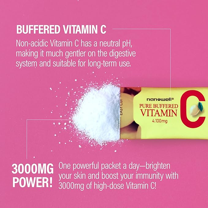 NANOWELL Pure Buffered Vitamin C 3000 mg per Serving Dietary Supplement for Immune Support - 60 Sticks x 1 Box 2 Months Supply (60 Count)