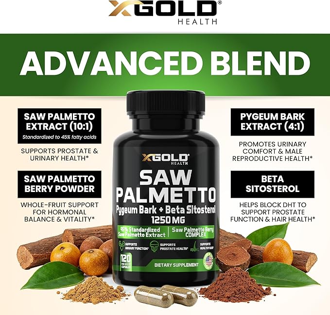 X Gold Health Saw Palmetto Prostate Supplement for Men | Pygeum Bark | Beta Sitosterol Supplement | Potent 3X Formula | Urinary Function Prostate | DHT Blocker Hair Growth| 4 Month Supply Made in USA