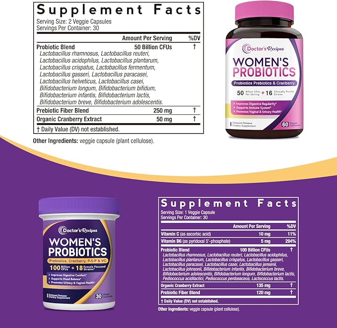 Doctor's Recipes Women’s Care Bundle 100 Billion CFU Probiotics Vitamin B6 P5P Digestion Vaginal Urinary &amp Immune Shelf Stable Bundle &amp Save