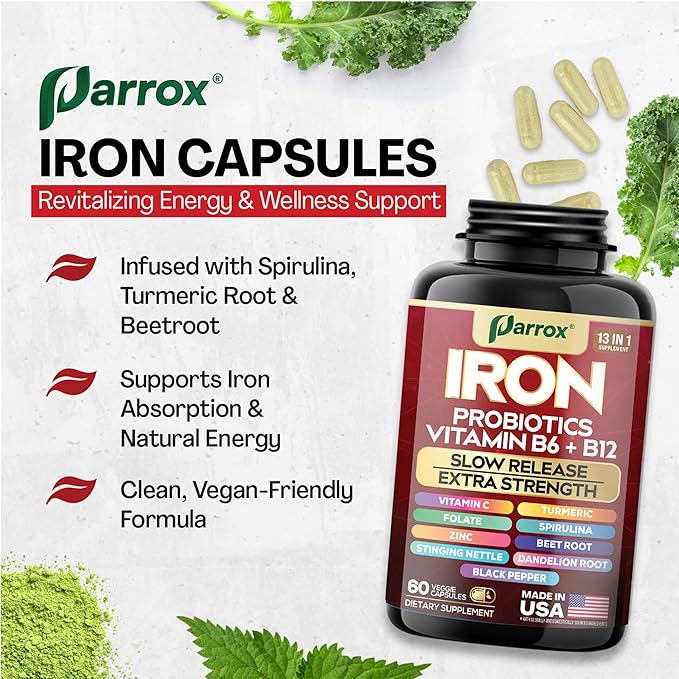 Iron Supplement Slow Release Iron Probiotics Spirulina Turmeric Vitamin B6 Methylated B12 Vitamin C Zinc Beetroot Nettle Leaf Dandelion Root Black Pepper Extra Strength 60 Capsules 3Pack