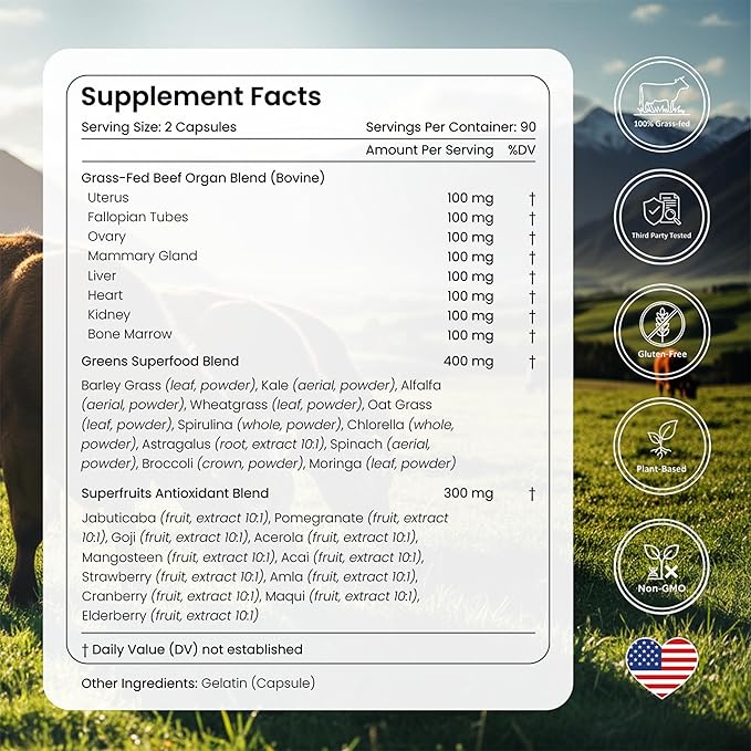 Grass Fed Beef Organ Supplement for Women with Super Greens &amp Antioxidant Fruits – 60+ Bioavailable Nutrients for Hormone Balance Cycle Comfort Primal Energy Immunity Hair &amp Skin – 3 Month