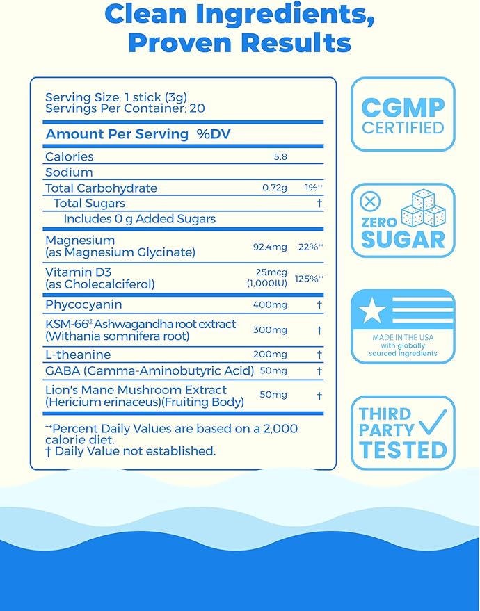 Easy Calm Blue - Calming Drink Mix with Magnesium KSM-66 Ashwagandha &amp Blue Spirulinac L-theanine Lion's Mane Mushroom GABA Vitamin D3 Supports Cortisol Balance Mood Sleep