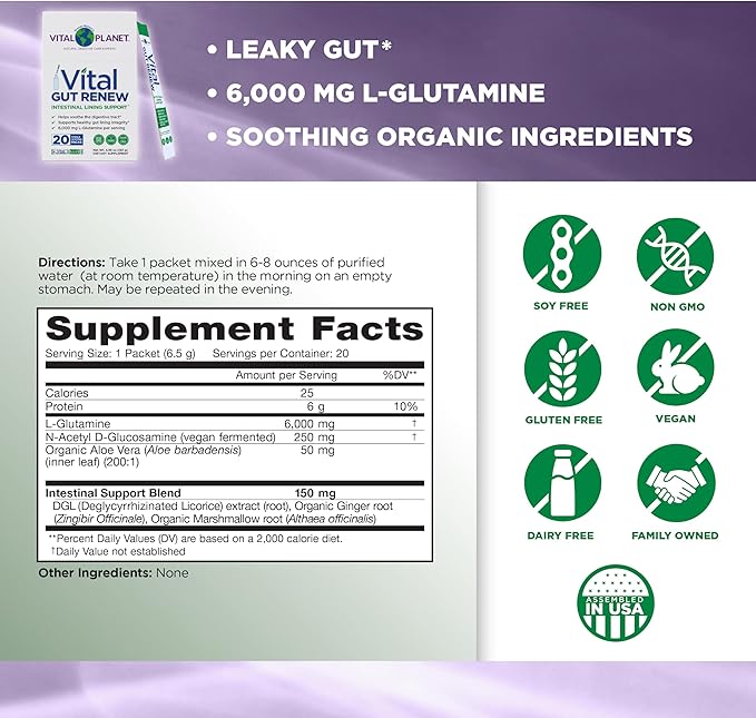 Vital Planet - Vital Gut Renew Powder Supplement for Leaky Gut Repair with L-Glutamine Marshmallow and Ginger Root DGL Licorice Root and Organic Aloe Vera L Glutamine 6000mg 20 Single Serve Packs