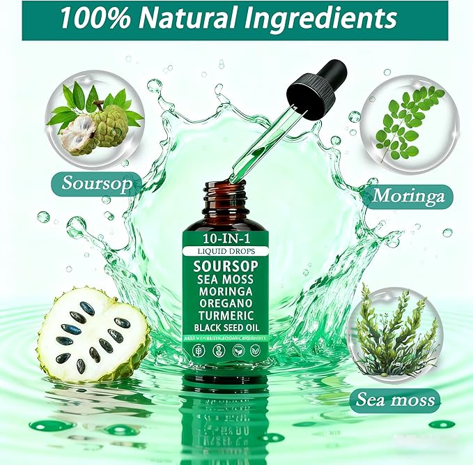 Soursop Drops - 10-in-1 Soursop Extract Liquid Drops with Sea Moss Moringa Turmeric Oil Black Seed Oil Oregano for Overall Health Joint Support Vegan Non-GMO 2 Fl Oz