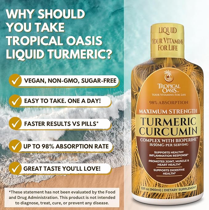 Tropical Oasis Liquid Turmeric Curcumin w/Bioperine - 1650mg Maximum Strength Turmeric Supplement with Black Pepper &amp Vitamin C - 98% Absorption Rate - 32oz