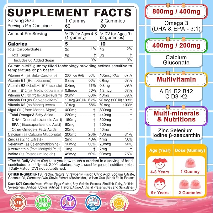 Omega 3 (EPA/DHA) Filled Gummies for Kids Teen with Multivitamin Calcium + D3 + K2 + Zinc Plus Vitamin A B1 B2 B12 C Selenium Iodine for Brain Eye Bone Energy No Fish Taste Sugar Free
