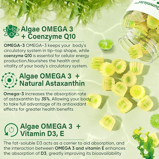 LILICARE Sugar Free Omega 3 Fatty Acid 2000mg With 640mg DHA &amp 290mg EPA Multivitamin CoQ10 Astaxanthin + Ginger Filled Gummies for Nausea - Stomach Relief - Ultra Absorption for Digestive Supp