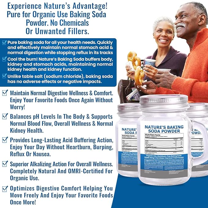 Organic Use Aluminum Free Baking Soda Bulk Supplement Powder in Mason Jar with Lid &amp Spoon - Food Grade &amp Organic Use Baking Soda for pH Balance Kidney Health Antacid &amp Detox Support - 1