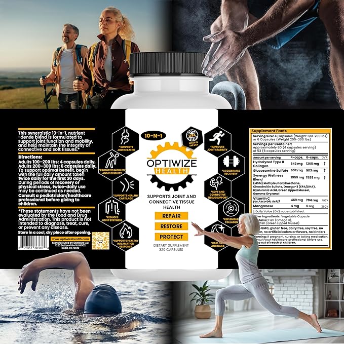 OptiWize 10-N-1 Joint Support Hydrolyzed CollagenMSM Hyaluronic Acid GlucosamineChondroitin &amp More- Targets Joint Discomfort Improves Mobility &amp Flexibility 320 Caps for Men &amp Women M