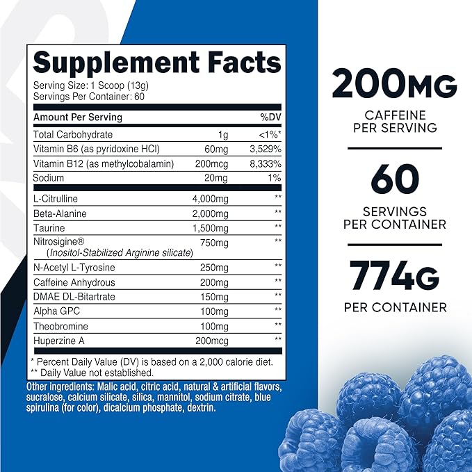 Nutricost Pre-Workout Complex Powder (60 Servings Blue Raspberry) - Pre-Workout Supplement with Beta-Alanine Taurine &amp Amino Acids (Pack of 2)
