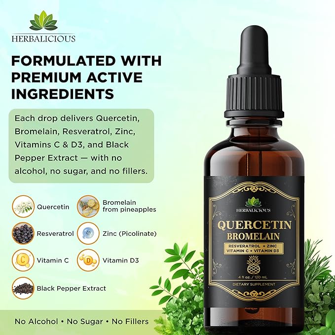 HERBALICIOUS Quercetin Bromelain Liquid with Resveratrol Zinc Vitamin C &amp D3 – Immune Support Drops – 4 fl oz (120 mL) – Fast Absorption – Non-GMO Dietary Supplement